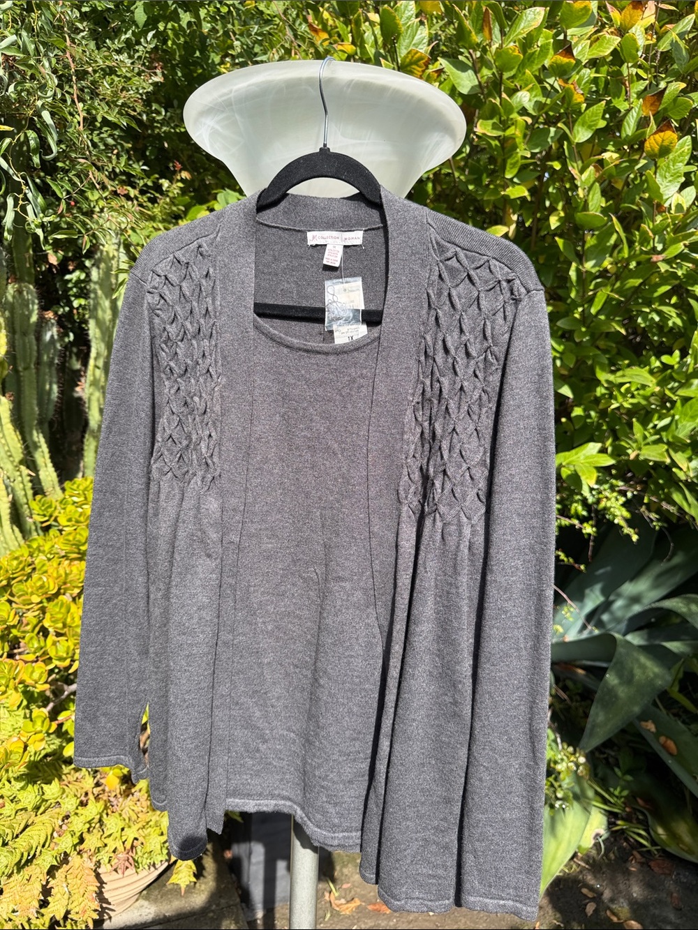 M Collection Charcoal Open-Front Knit Twofer